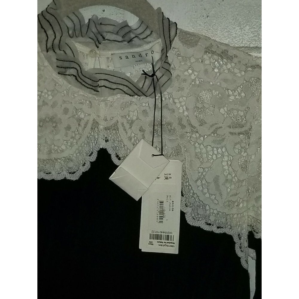 Sandro Paris Junie Long Sleeve Lace and Velvet Dress Black White 1 - Picture 2 of 6